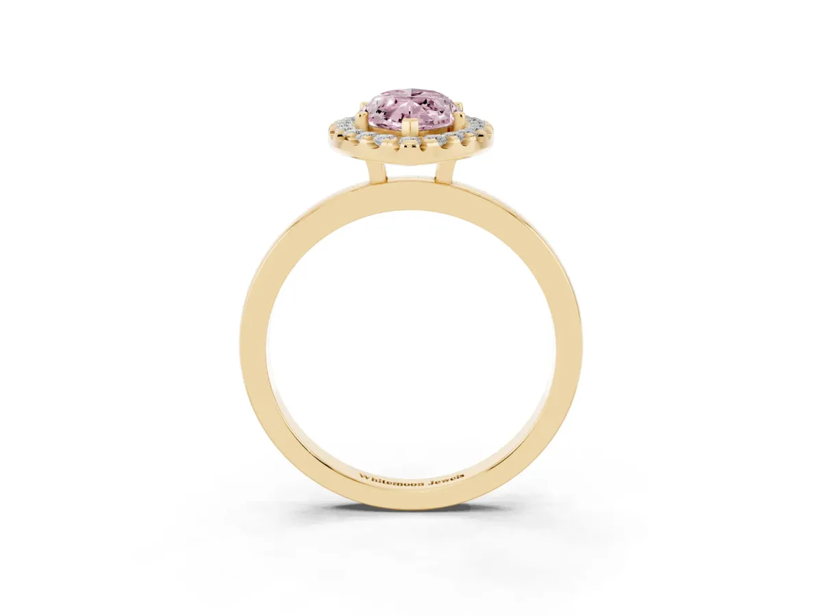 Fancy Pink Marquise Cut Halo Diamond Solitaire with Pavé Band and Four-Prong Setting Yellow gold