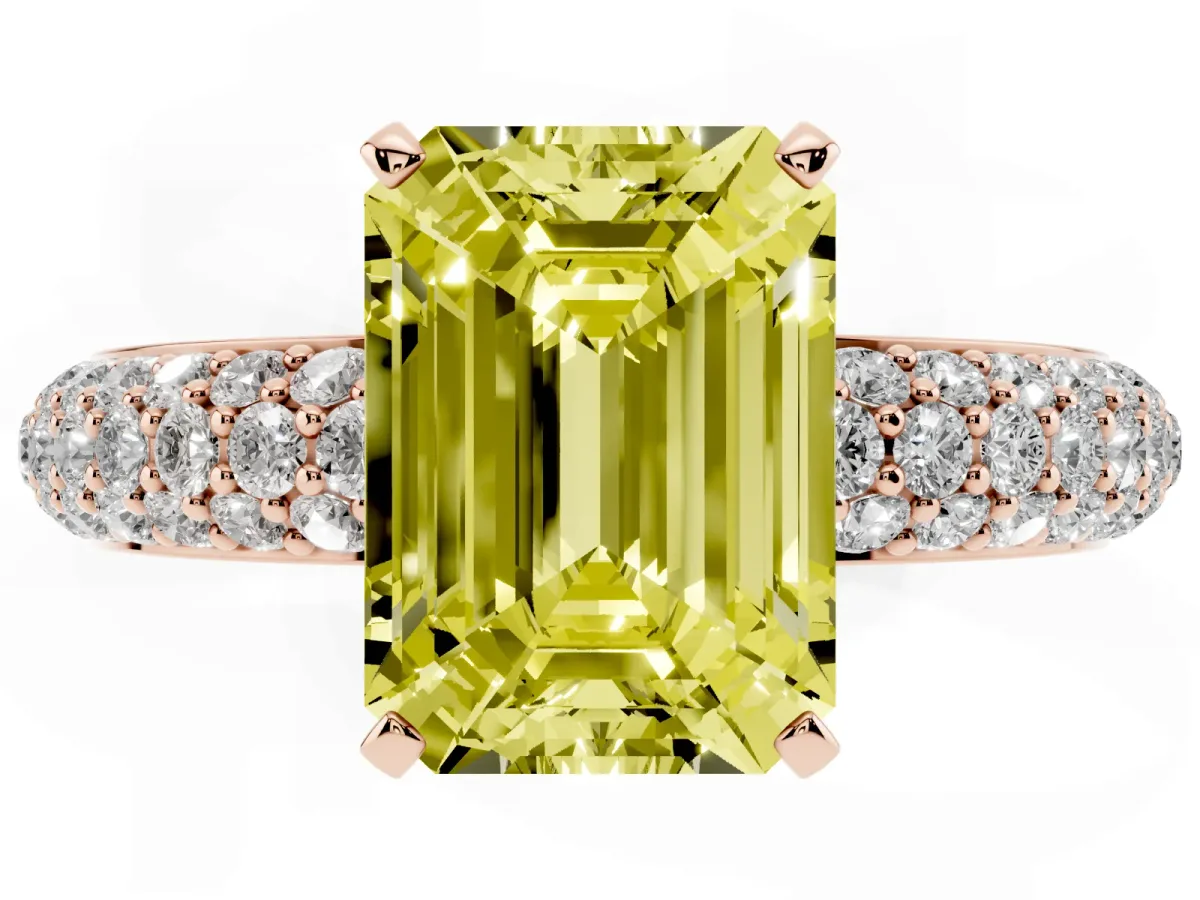 Fancy Yellow Emerald Cut Diamond Solitaire Ring with Prong Setting and Pavé Band Rose gold