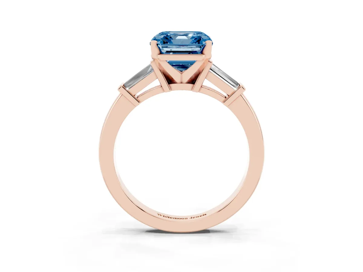 Fancy Blue Asscher Cut Cut Diamond Solitaire Ring with Tapered Baguette Accents and Four-Prong Setting Rose gold