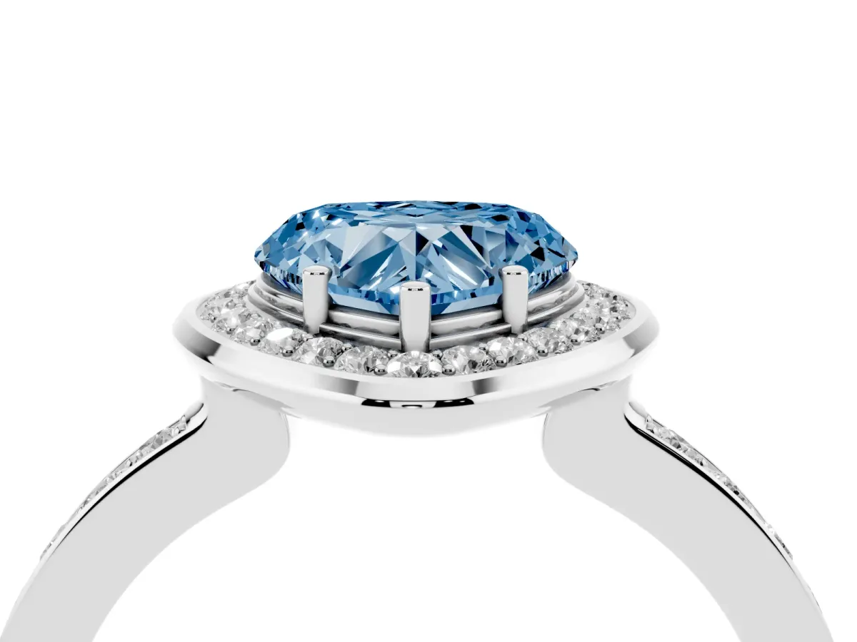 Fancy Blue Heart Cut Diamond Halo Ring with Bezel Frame and Pavé Band Silver