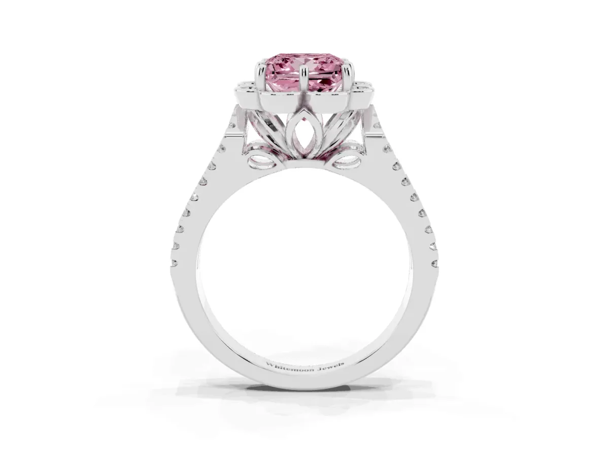 Fancy Pink Princess Cut Halo Diamond Floral Split Shank Engagement Ring Silver