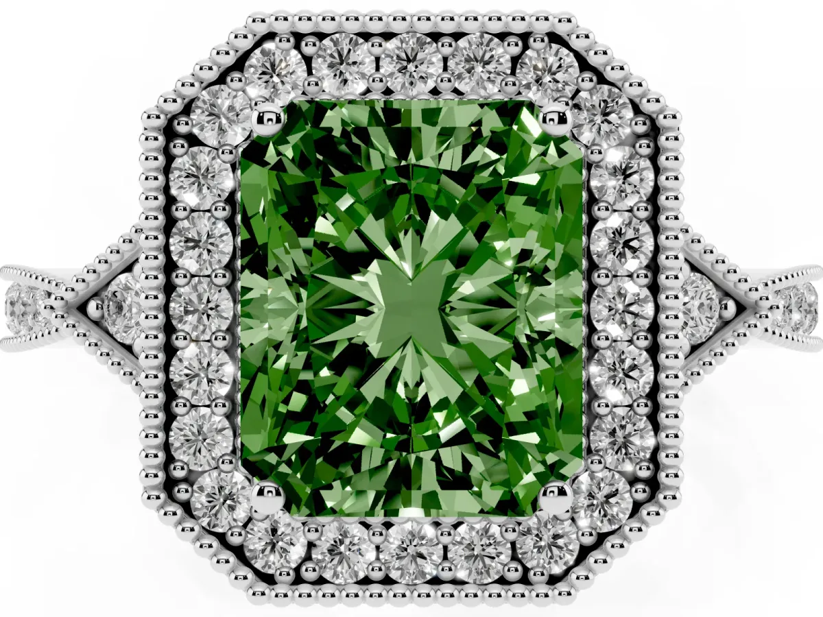Fancy Green Radiant Cut Halo Round Diamond Milgrain Pave Engagement Ring Platinum
