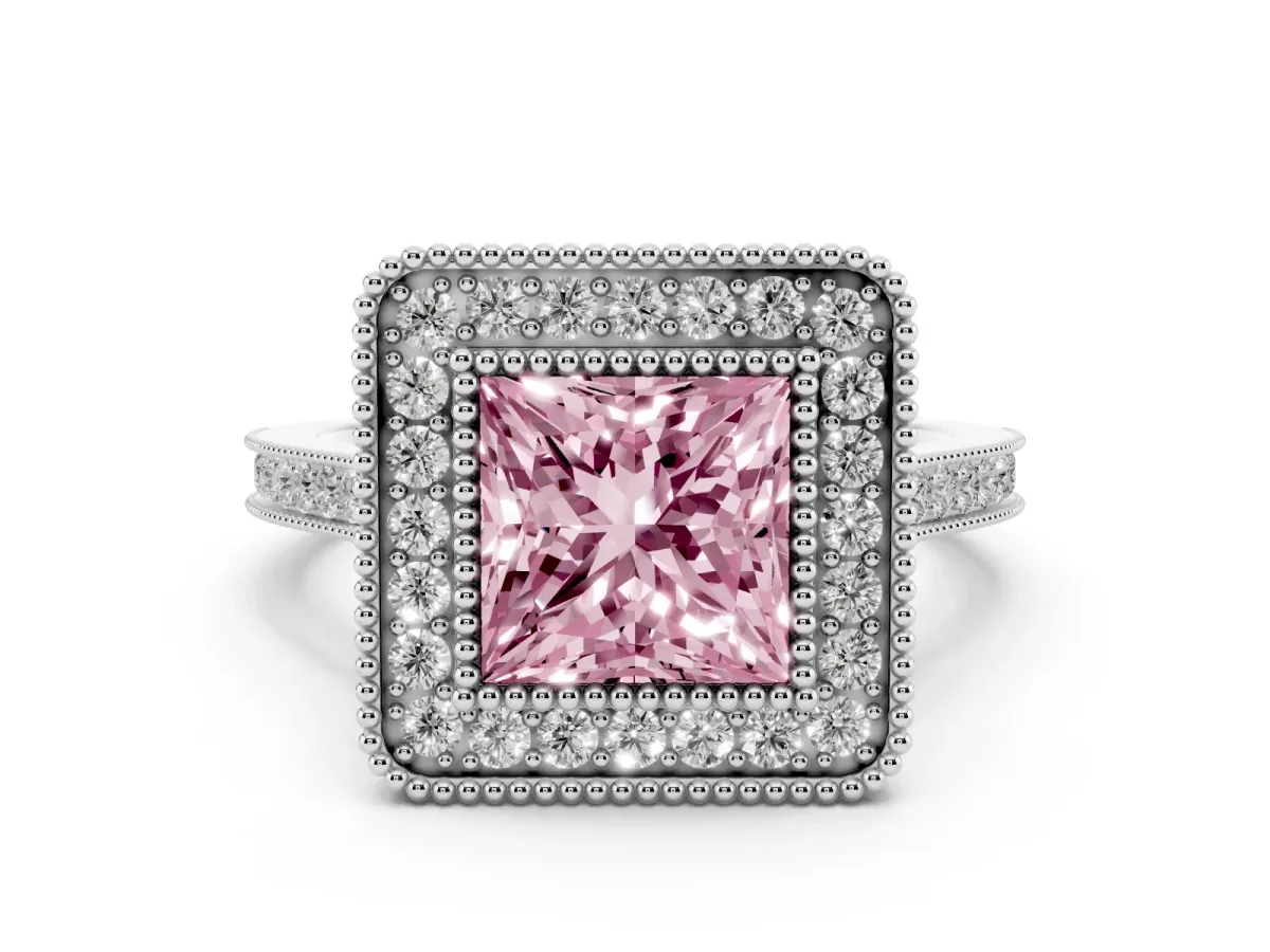 Fancy Pink Princess Cut Diamond Halo Ring with Milgrain Frame and Pavé Band Silver
