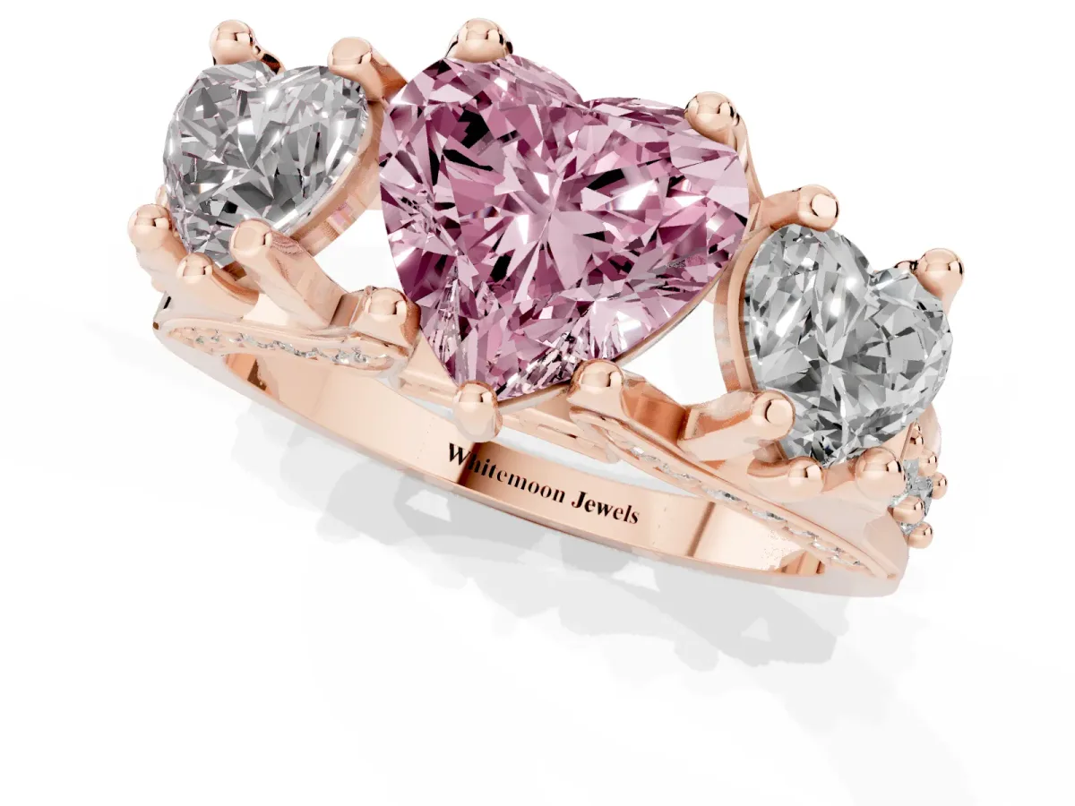 Fancy Pink Heart Cut Diamond Three-Stone Ring with Channel Set Band and Four-Prong Setting Rose gold