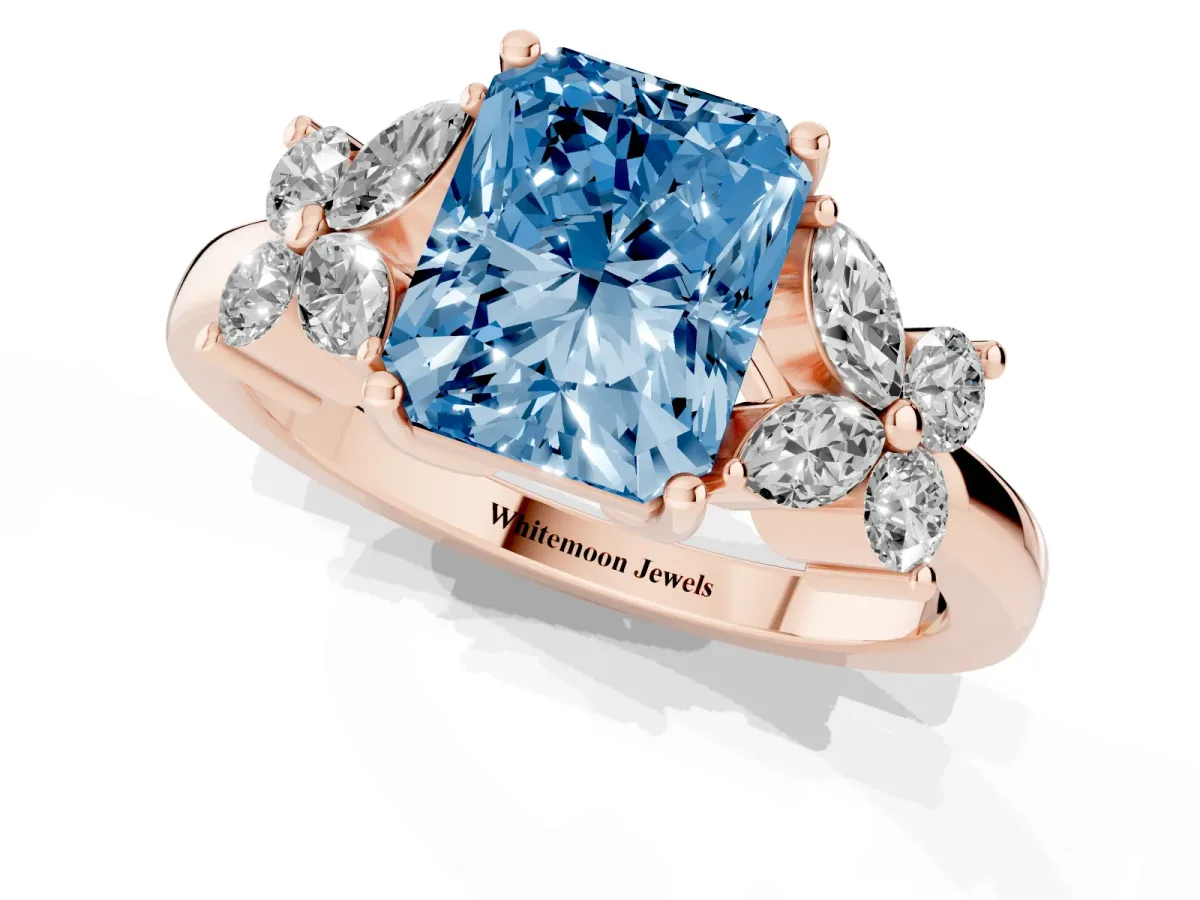 Fancy Blue Radiant Cut Diamond Floral Cluster Ring with Solitaire Band and Prong Setting Rose gold