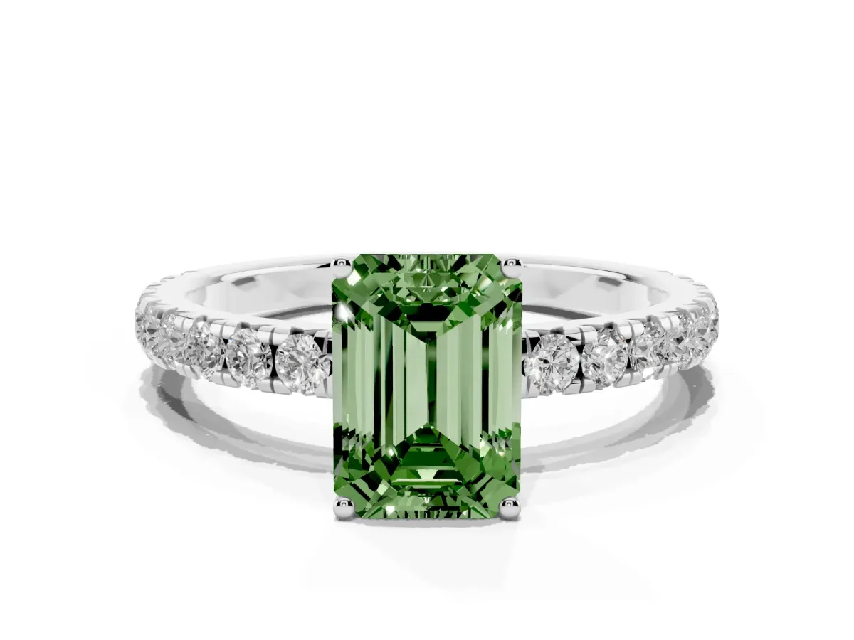 Fancy Green Emerald Cut Diamond Pavé Solitaire Engagement Ring with Four-Prong Setting Platinum