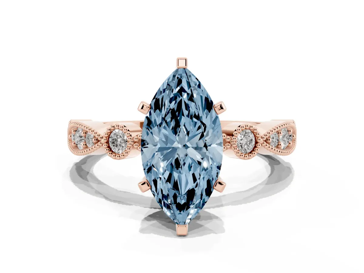 Fancy Blue Marquise Cut Milgrain Bezel Diamond Engagement Ring with Solitaire Prong Setting Rose gold