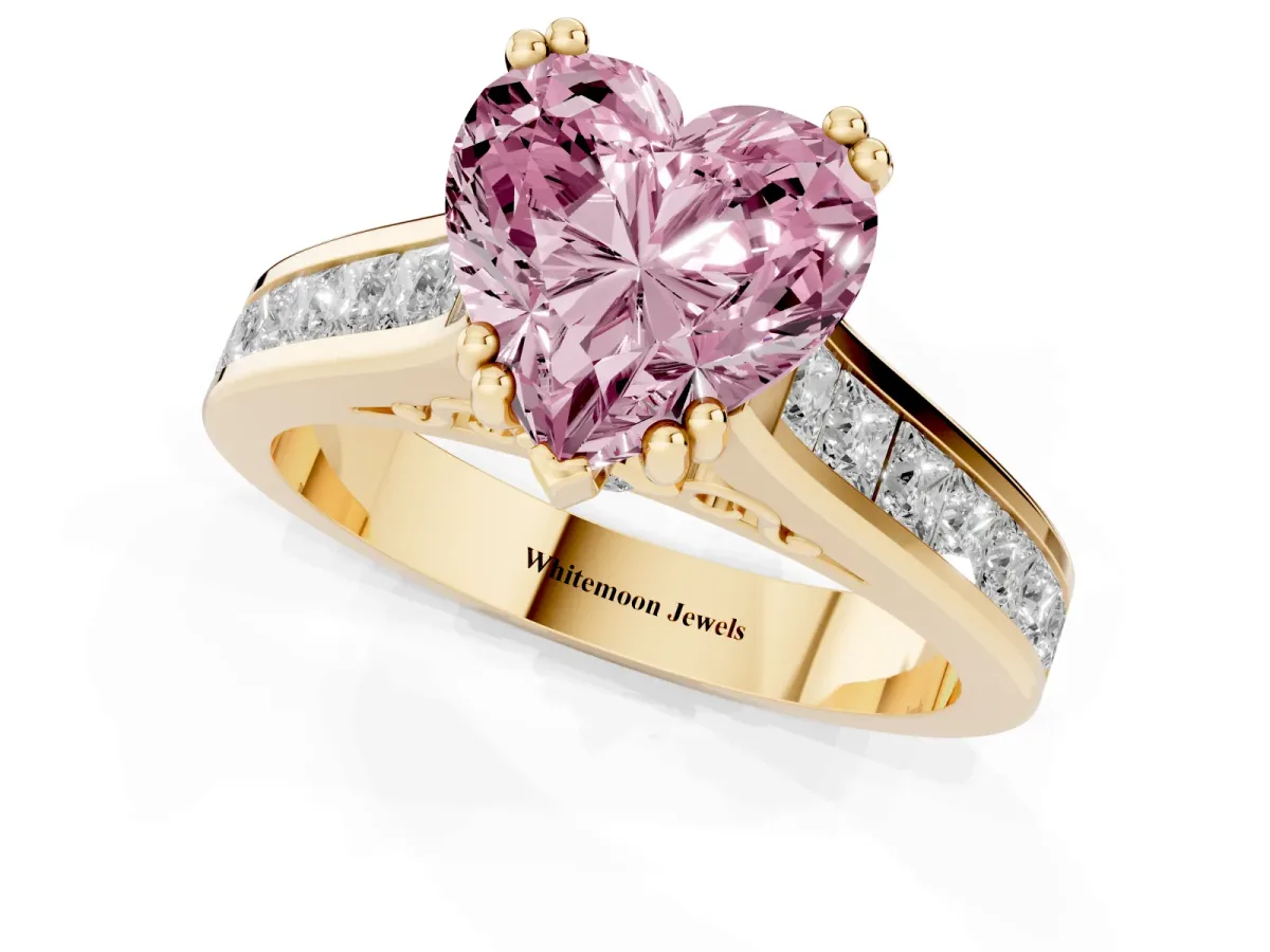 Fancy Pink Heart Cut Cut Channel Set Solitaire Engagement Ring with Prong Setting Yellow gold