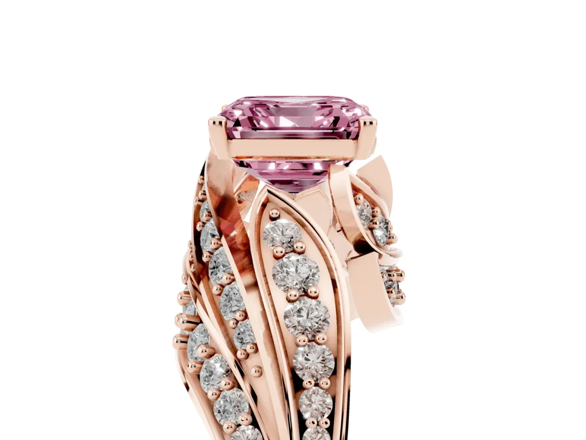 Fancy Pink Asscher Cut Diamond Solitaire Ring with Prong Setting and Twisted Pavé Band Rose gold