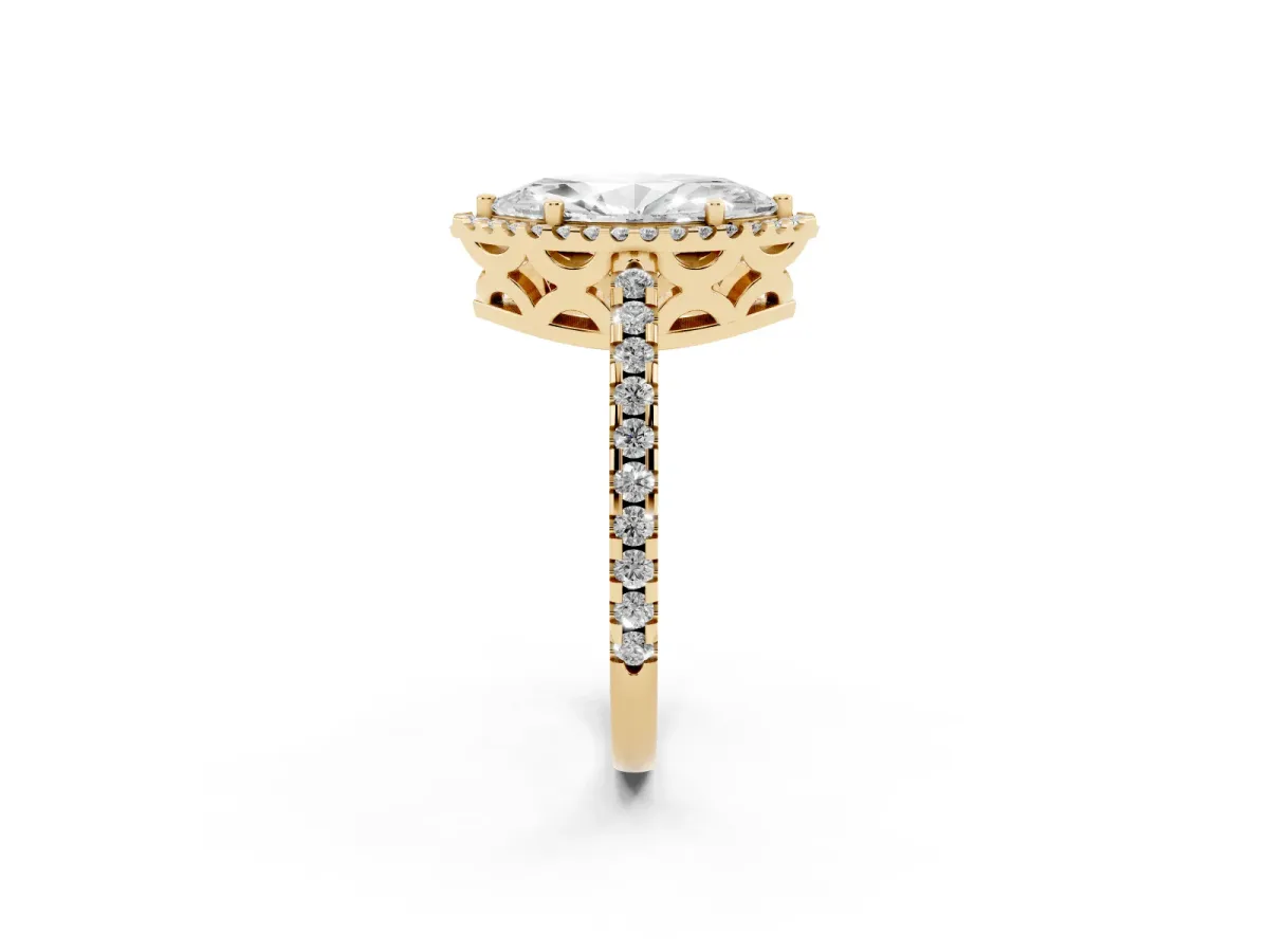 Marquise Cut Diamond Halo Engagement Ring with Pavé Band and Prong Setting Yellow gold