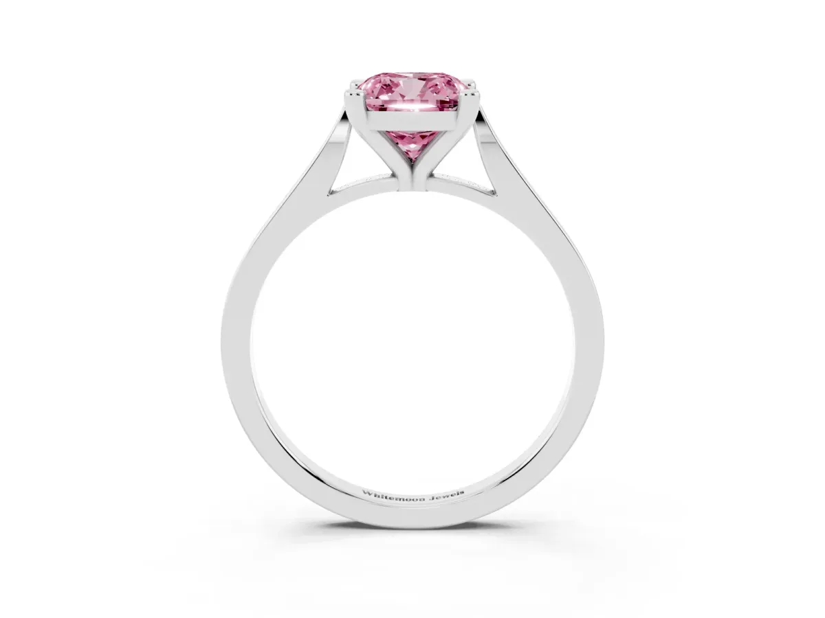 Fancy Pink Cushion Cut Solitaire Diamond Ring with Four-Prong Setting and Tapered Band Silver