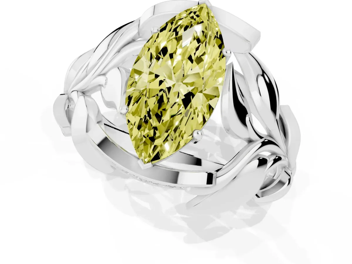 Fancy Yellow Marquise Cut Diamond Leaf-Inspired Engagement Ring with Round Accents and Prong Setting Platinum