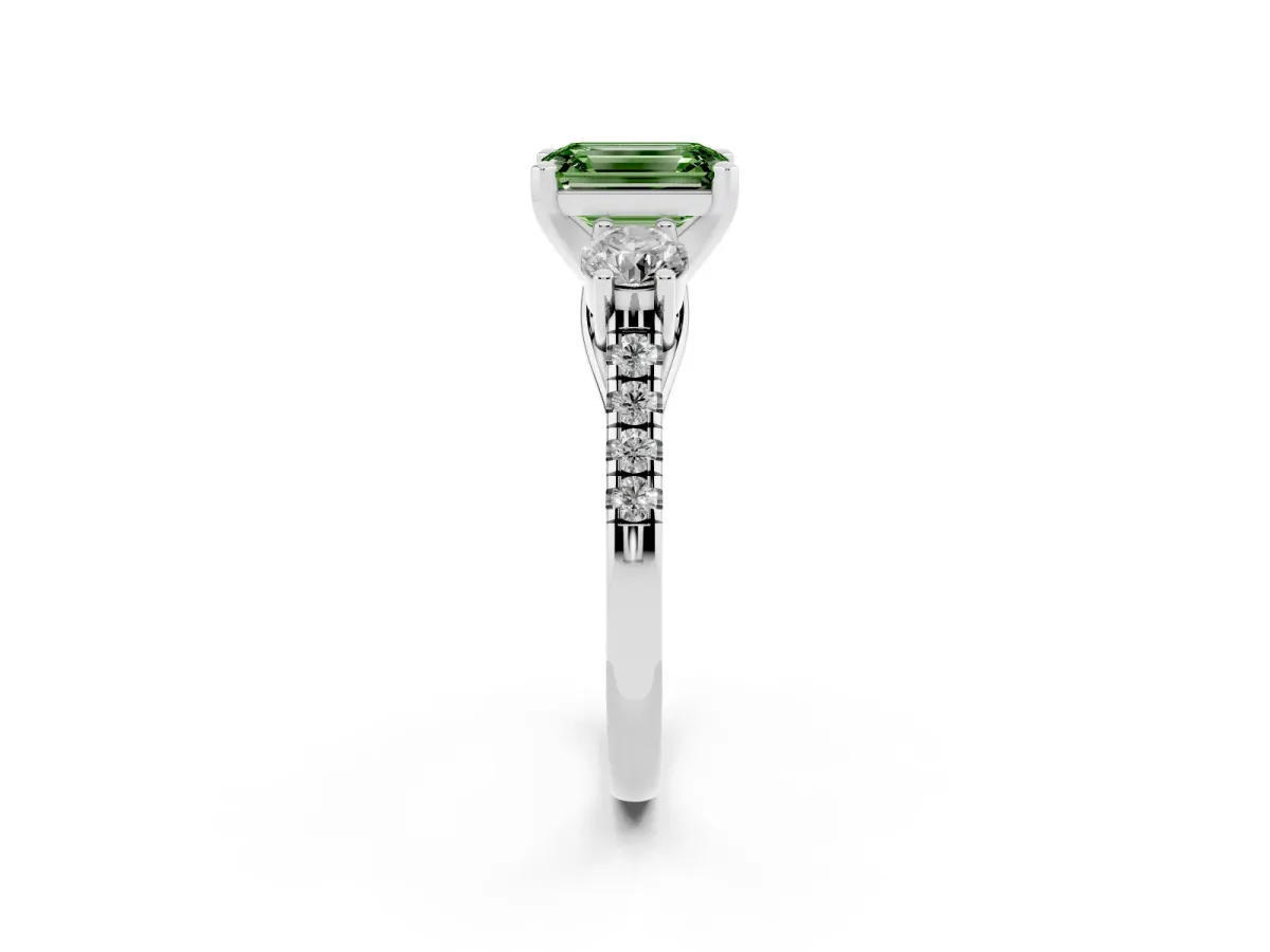 Fancy Green Three-Stone Emerald Cut Diamond Pavé Band with Four-Prong Setting Silver