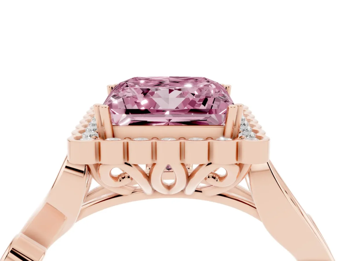Fancy Pink Princess Cut Diamond Halo Ring with Vintage Split Shank and Four-Prong Setting Rose gold