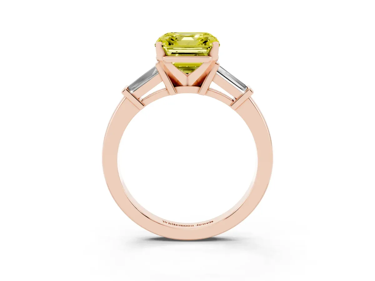 Fancy Yellow Asscher Cut Cut Diamond Solitaire Ring with Tapered Baguette Accents and Four-Prong Setting Rose gold