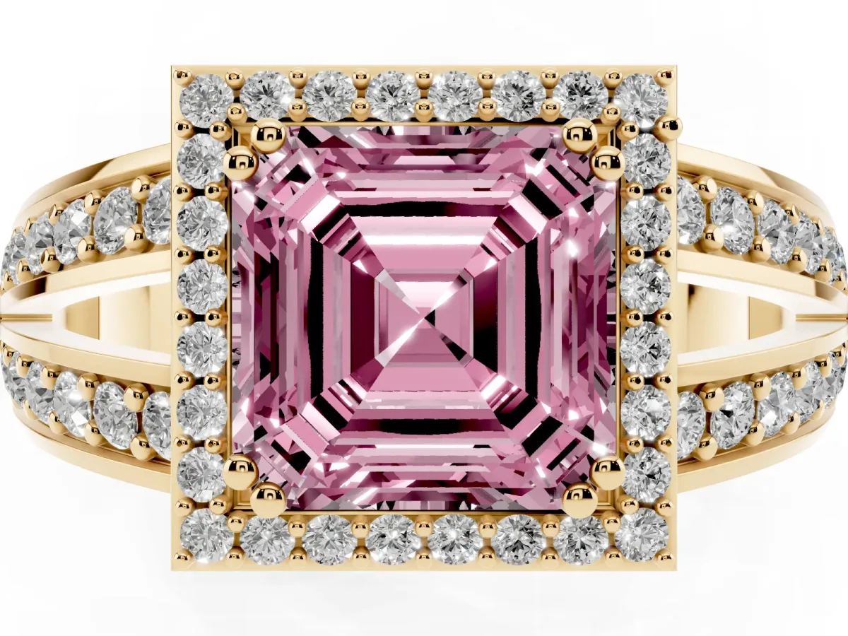 Fancy Pink Asscher Cut Diamond Halo Ring with Split Shank Pavé Band and Four-Prong Setting Yellow gold
