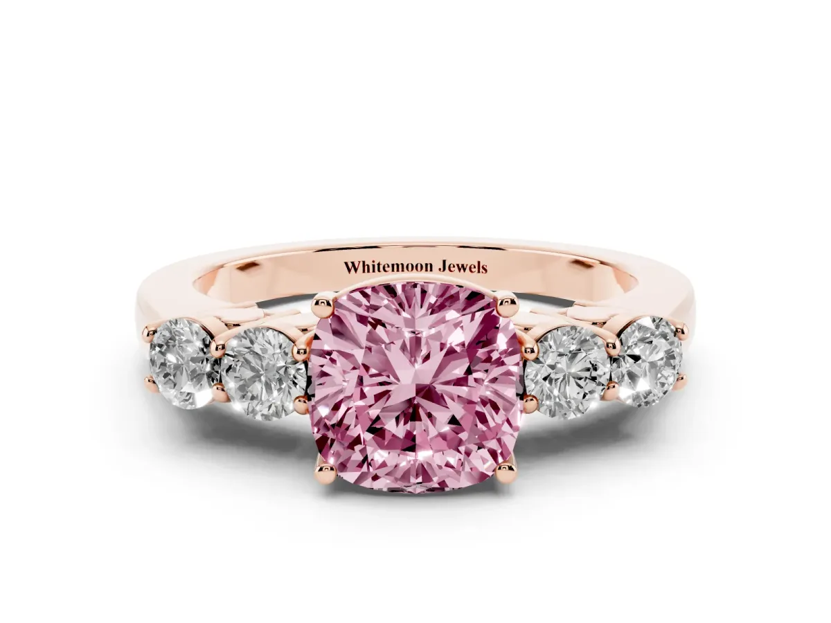 Fancy Pink Cushion Cut Cut Diamond Five-Stone Prong Set White Gold Ring Rose gold