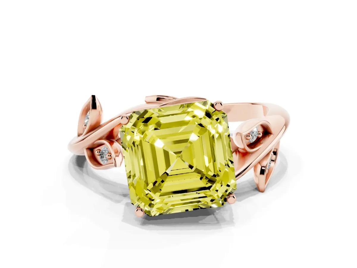 Fancy Yellow Asscher Cut Solitaire Twist Engagement Ring with Leaf Accents and Prong Setting Rose gold