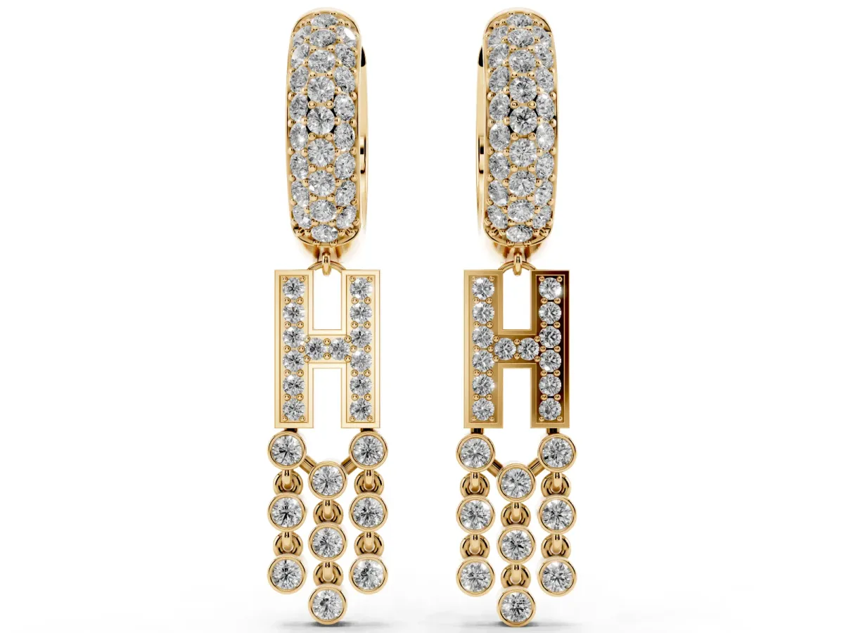 Round Diamond Initial H Huggie Hoop Earrings Yellow gold