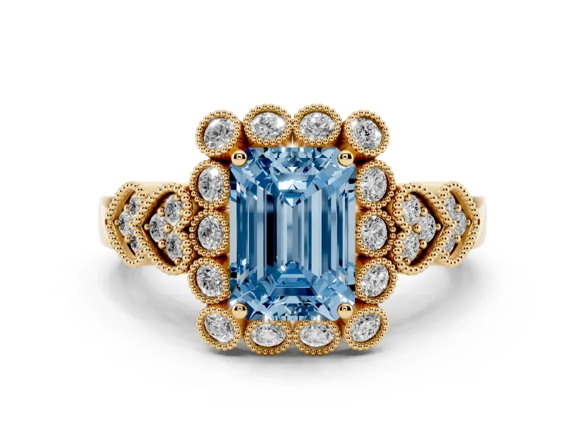 Fancy Blue Emerald Cut Brilliant Milgrain Pave Heart Band Solitaire Ring Yellow gold