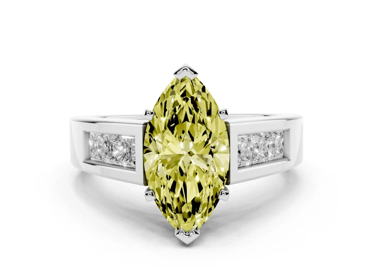 Fancy Yellow Marquise Cut Cut Channel Set Solitaire Ring with Four-Prong Setting Silver