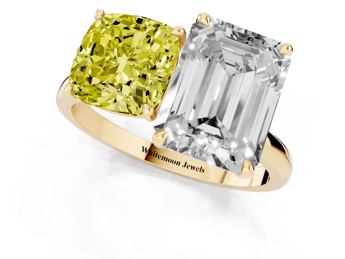 Fancy Yellow Cushion Cut and Emerald Cut Toi Moi Ring with Prong Setting Yellow gold