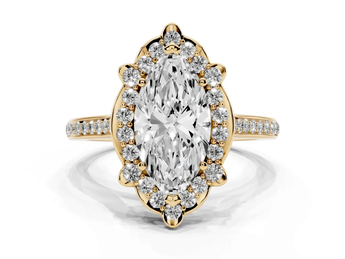 Marquise Cut Halo Round Diamond Pave Band with Four-Prong Setting Yellow gold