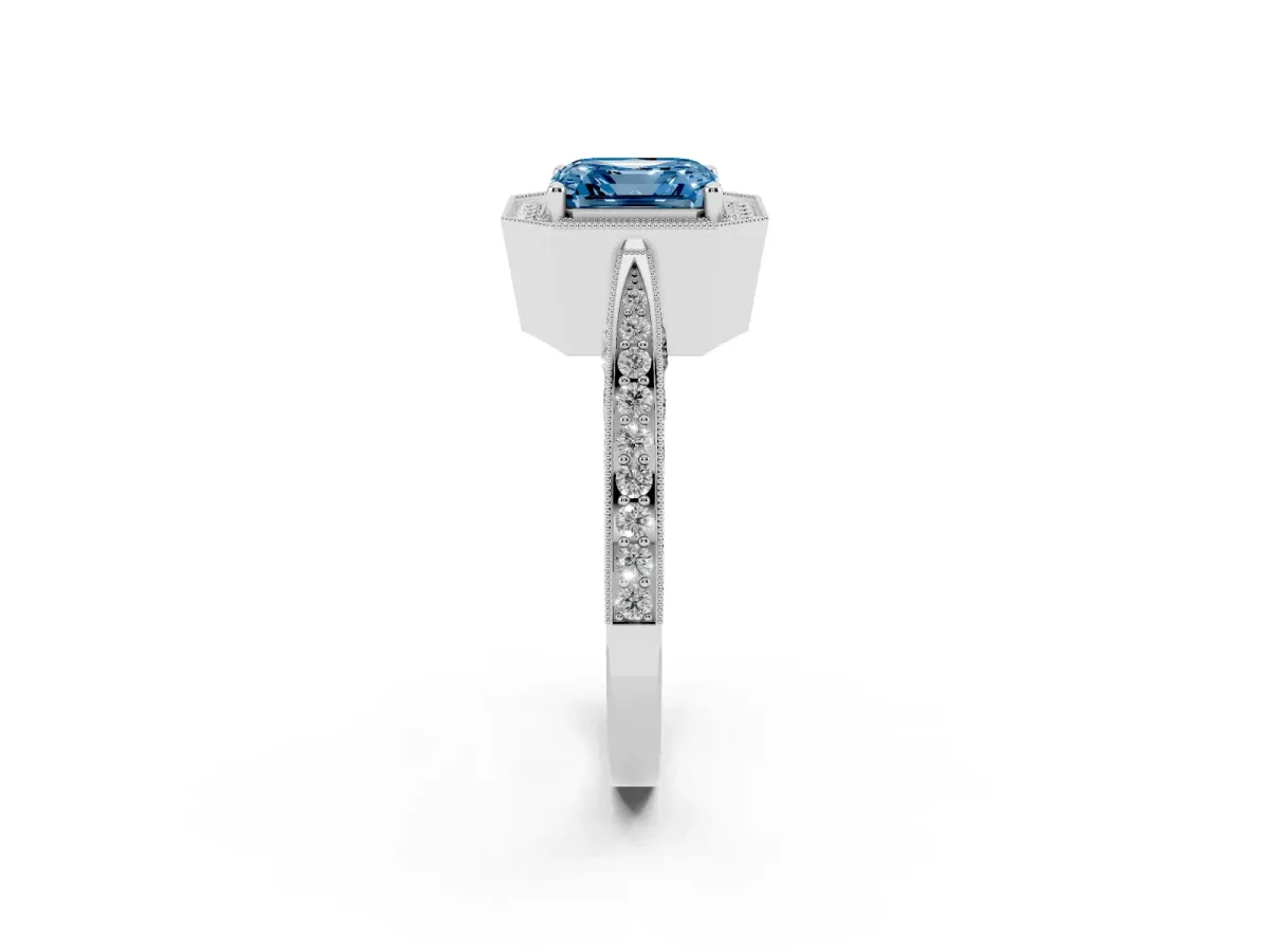 Fancy Blue Asscher Cut Halo Diamond Engagement Ring with Split Shank Band and Four-Prong Setting White gold