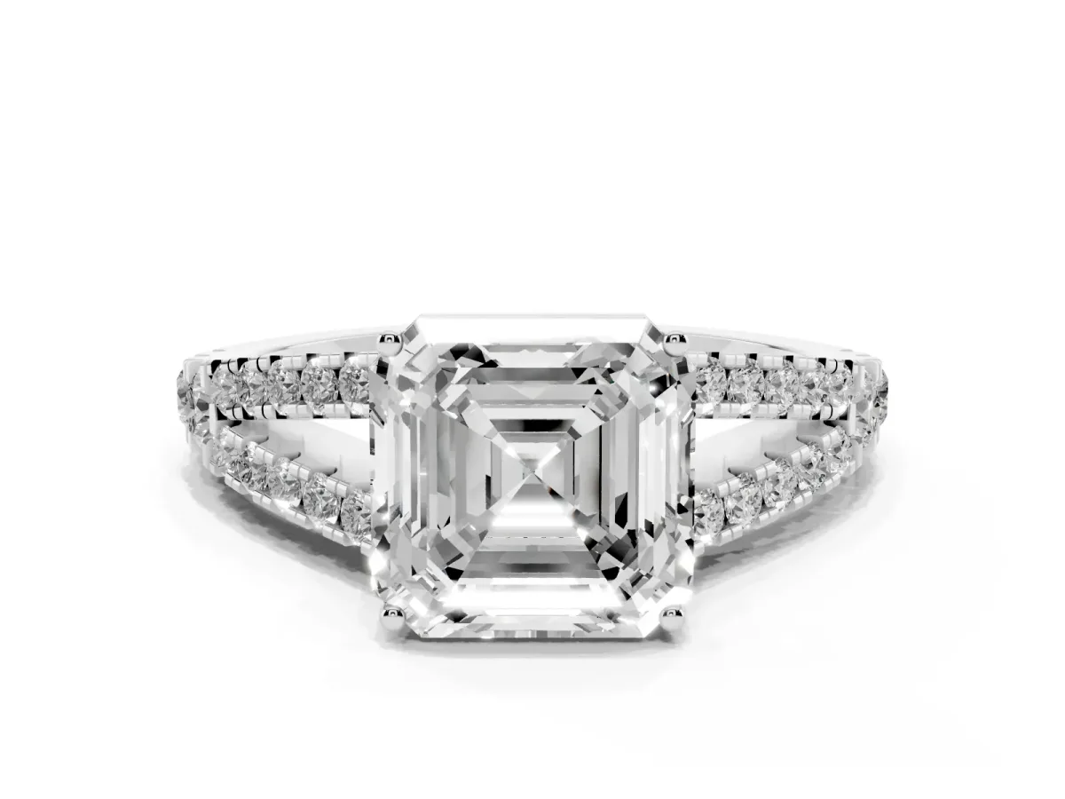 Asscher Cut Diamond Split Shank Pavé Engagement Ring with Four-Prong Setting Silver