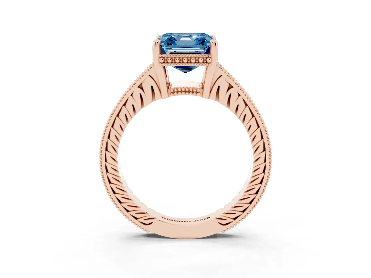 Fancy Blue Asscher Cut Solitaire Pavé Diamond Milgrain Engagement Ring with Four-Prong Setting Rose gold