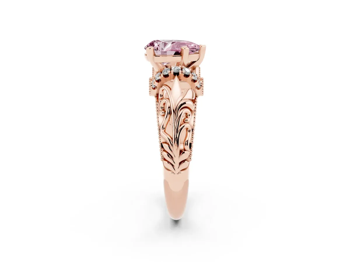 Fancy Pink Pear Cut Solitaire Filigree Engagement Ring with Halo and Prong Setting Rose gold