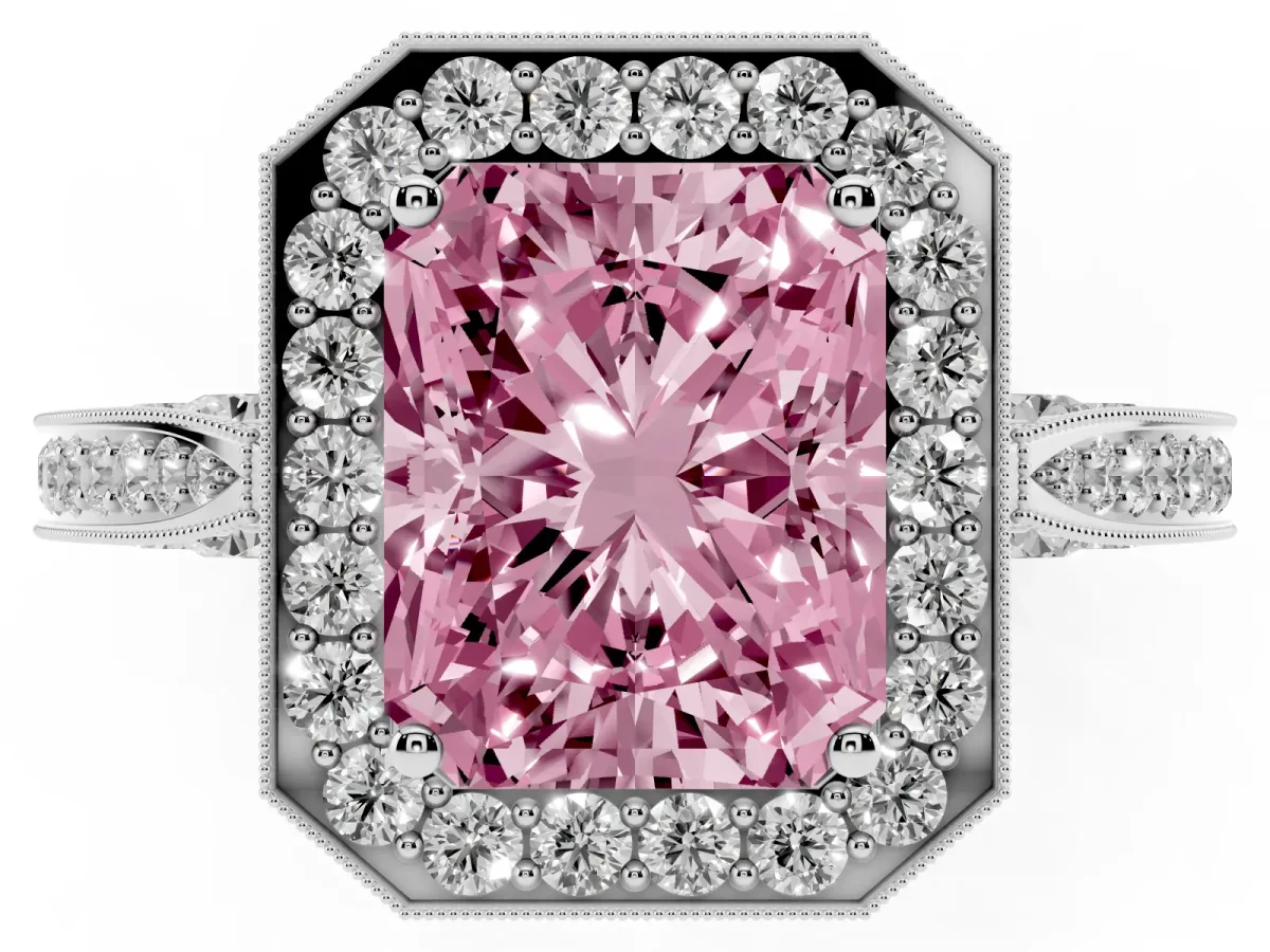 Fancy Pink Radiant Cut Halo Diamond Engagement Ring with Split Shank Band and Four-Prong Setting Silver