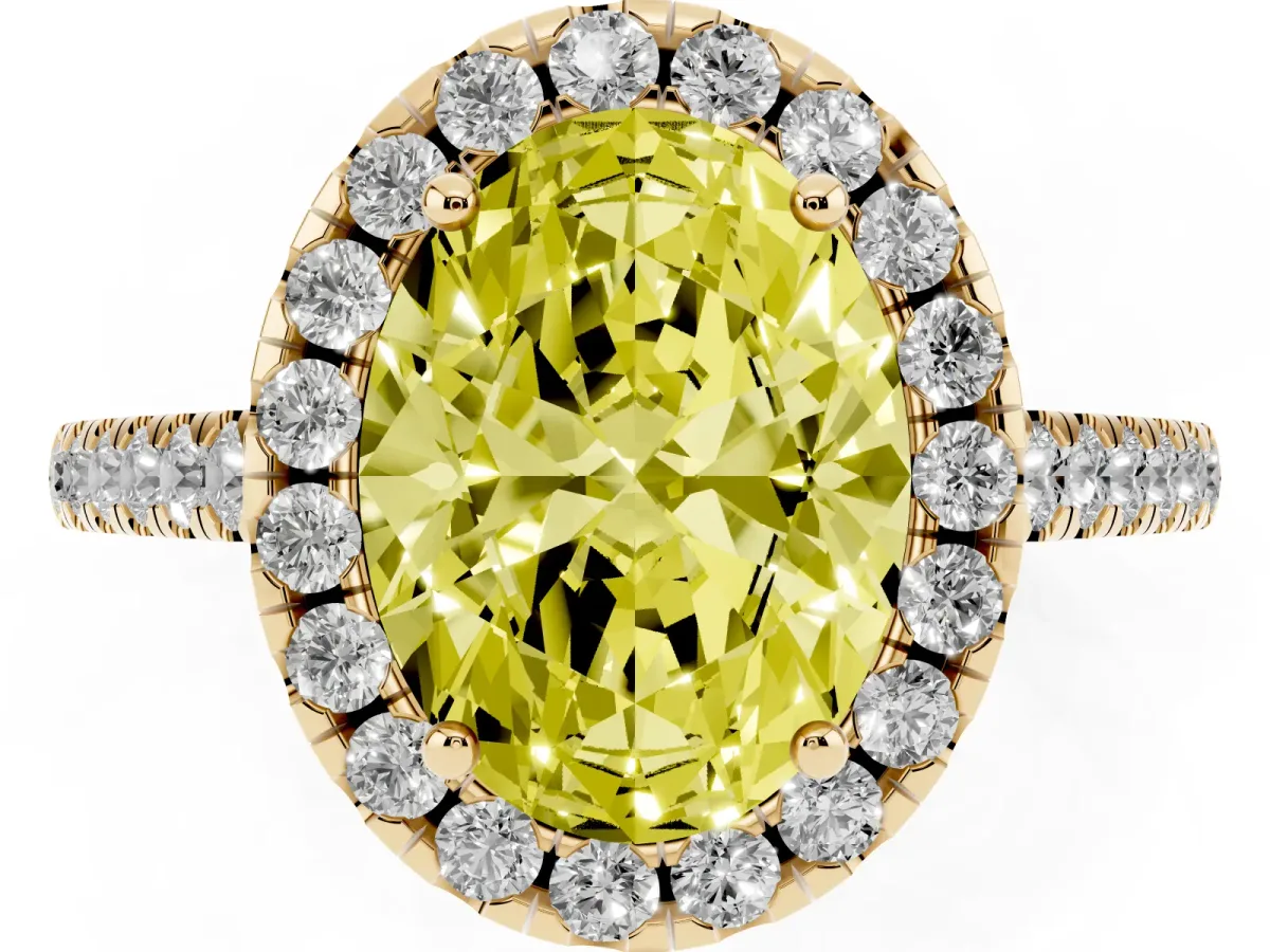 Fancy Yellow Oval Cut Halo Pavé Diamond Engagement Ring with Four-Prong Setting Yellow gold