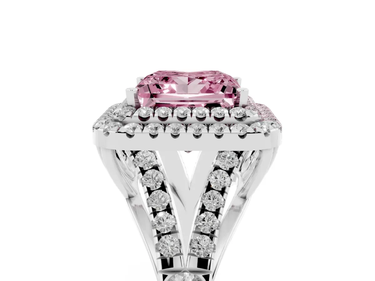 Fancy Pink Princess Cut Diamond Pavé Split Shank Double Halo Engagement Ring Silver
