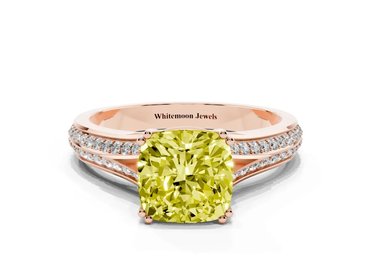 Fancy Yellow Cushion Cut Diamond Split Shank Engagement Ring with Pavé Band Rose gold