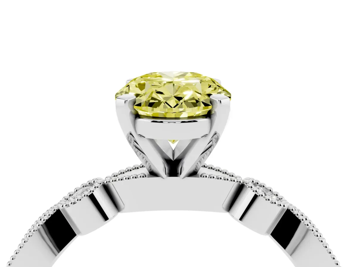 Fancy Yellow Oval Cut Milgrain Bezel Diamond Engagement Ring with Solitaire Prong Setting Platinum