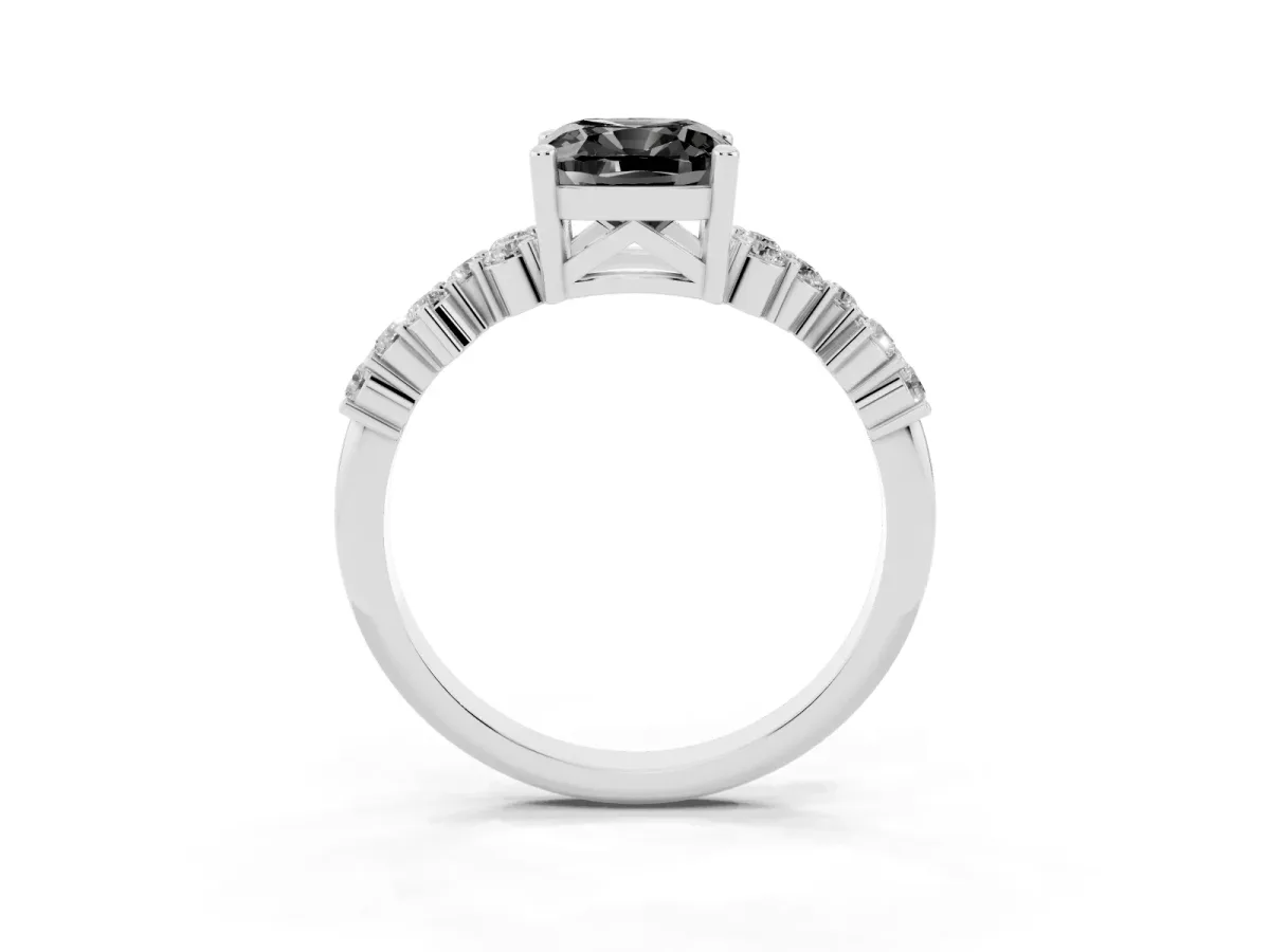 Fancy Black Cushion Cut Diamond Scattered Round Accent Ring with Prong Setting White gold