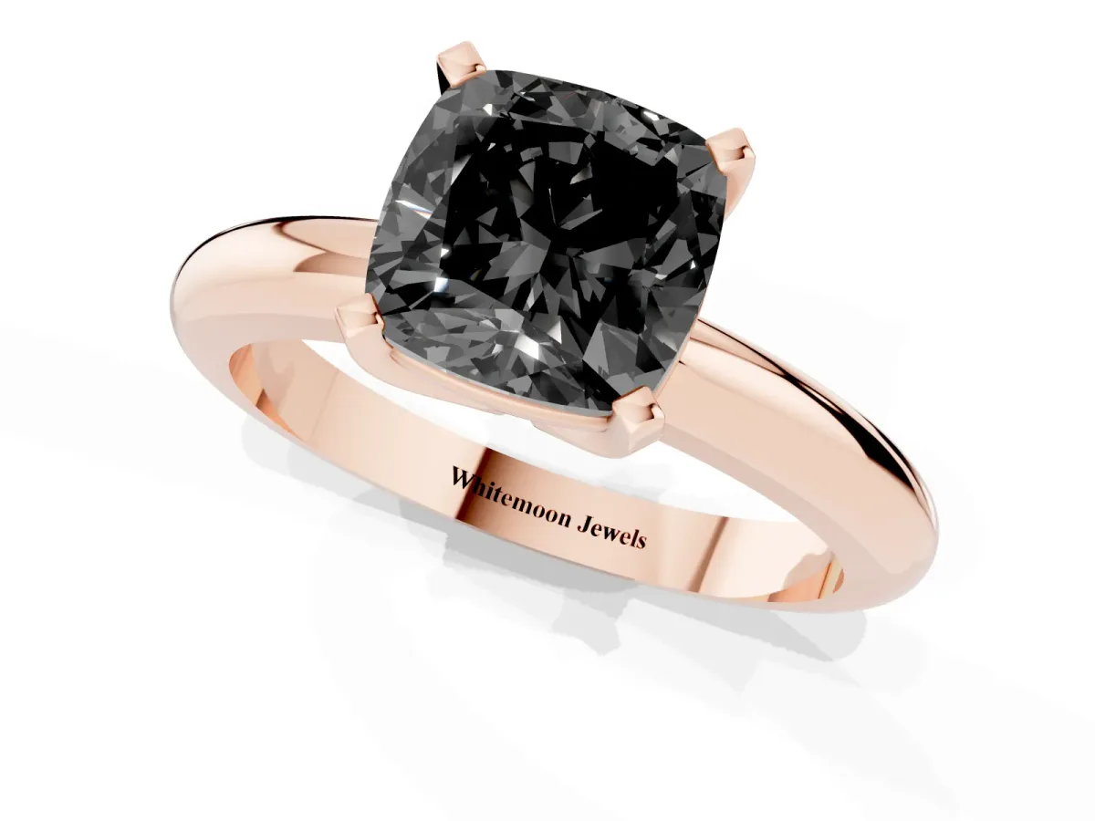 Fancy Black Cushion Cut Diamond Solitaire Engagement Ring with Round Band and Four-Prong Setting Rose gold