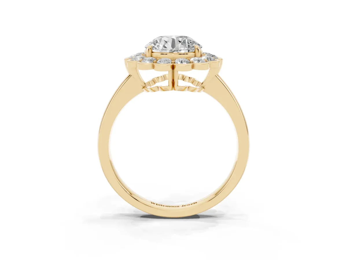 Round Cut Halo Cluster Diamond Engagement Ring with Solitaire Band and Prong Setting Yellow gold