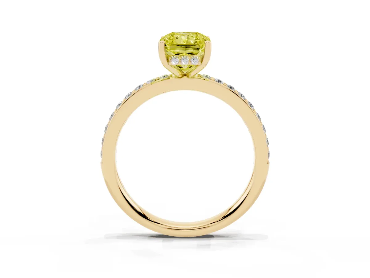 Fancy Yellow Radiant Cut Cut Diamond Pavé Band Ring with Four-Prong Setting Yellow gold