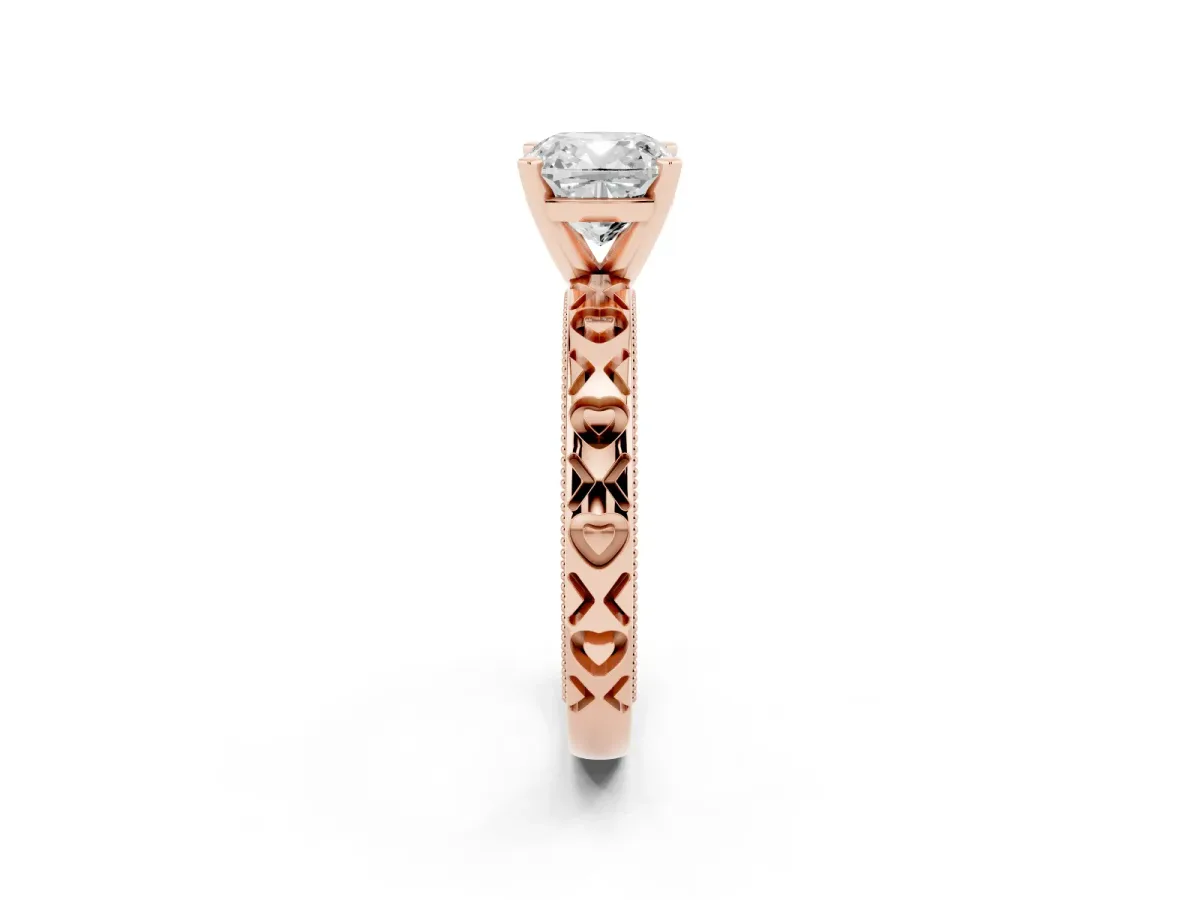 Cushion Cut Solitaire Diamond Engagement Ring with XO Engraved Band and Four-Prong Setting Rose gold