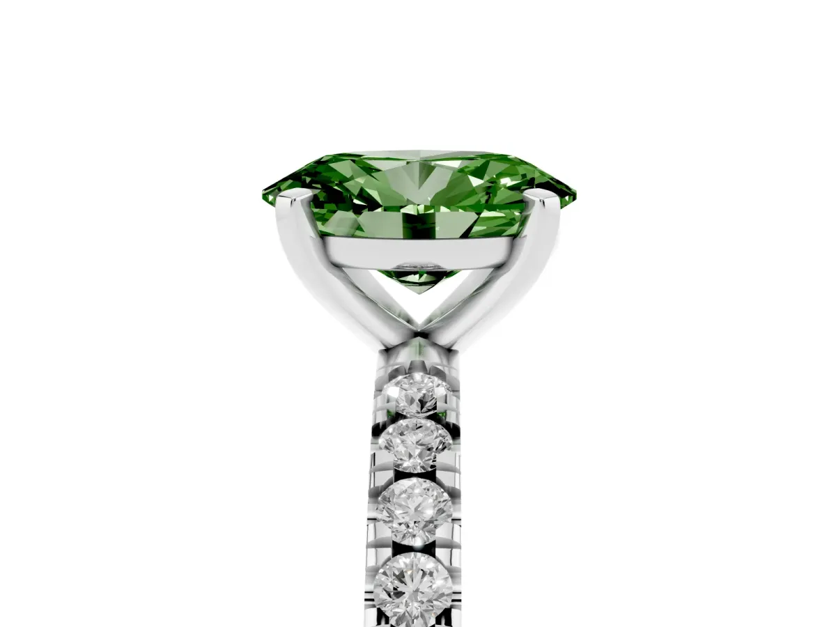 Fancy Green Oval Cut Diamond Pavé Band Solitaire with Four-Prong Setting Silver