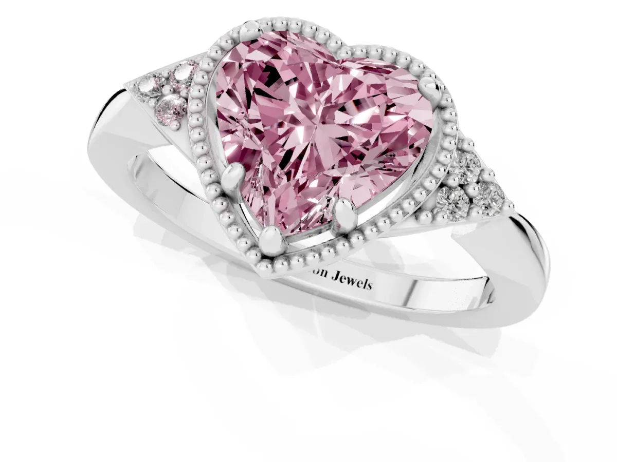 Fancy Pink Heart Cut Diamond Halo Ring with Tapered Band and Four-Prong Setting Platinum