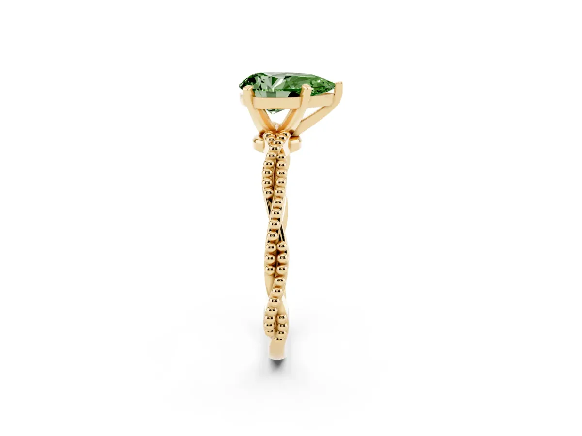 Fancy Green Pear Cut Solitaire Twisted Band with Bead Prong Setting Yellow gold
