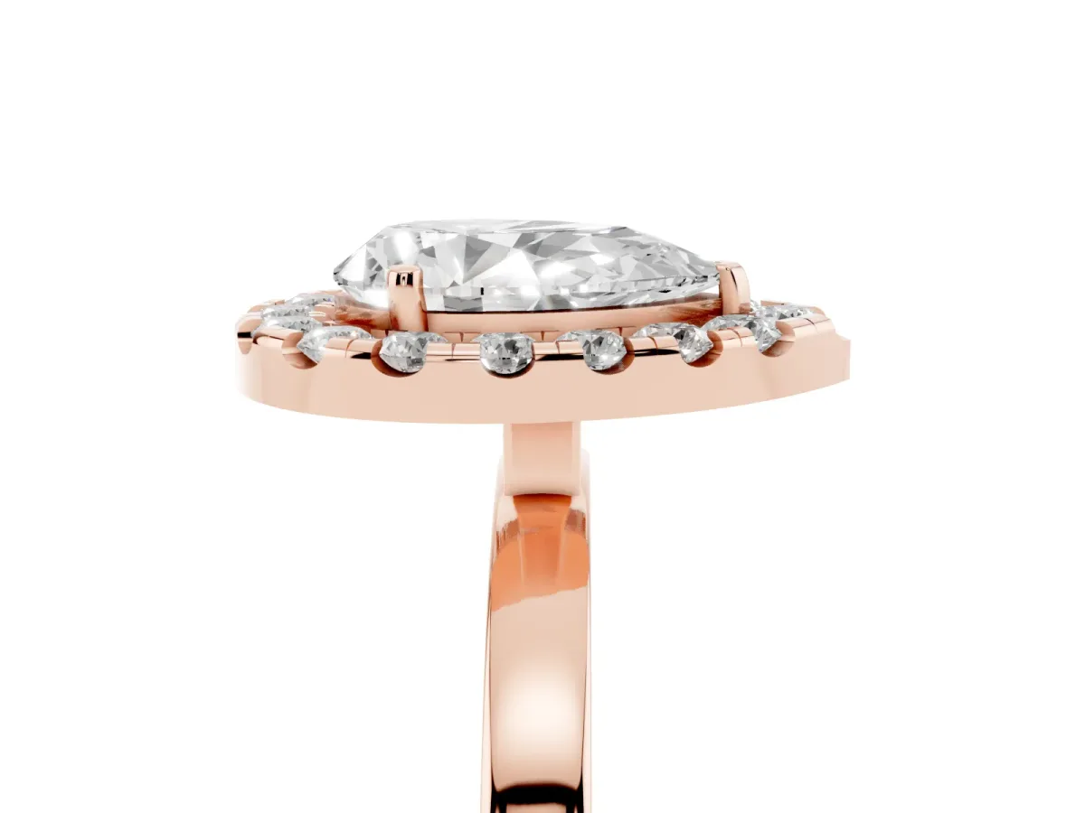 Pear Cut Halo Diamond Solitaire with Pavé Band and Four-Prong Setting Rose gold
