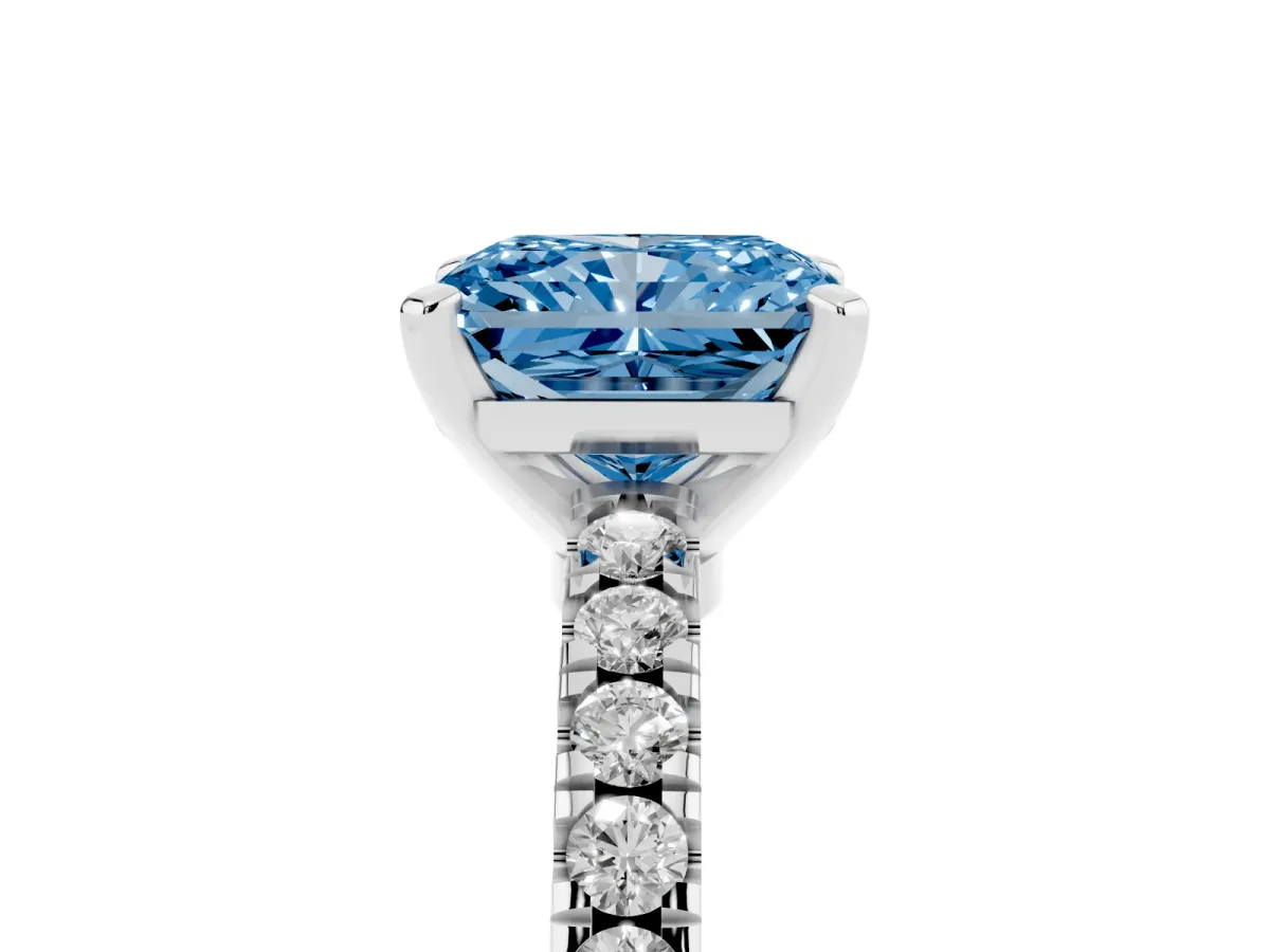 Fancy Blue Radiant Cut Solitaire Diamond with Pavé Band and Four-Prong Setting Platinum