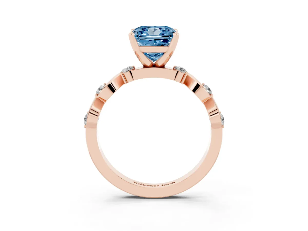 Fancy Blue Princess Cut Diamond Solitaire Twisted Band with Round Accents and Prong Setting Rose gold