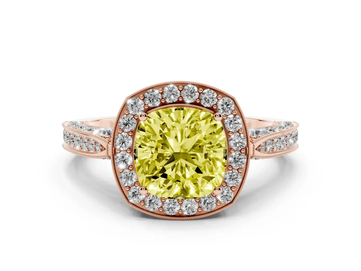 Fancy Yellow Cushion Cut Halo Diamond Engagement Ring with Split Shank Band and Four-Prong Setting Rose gold