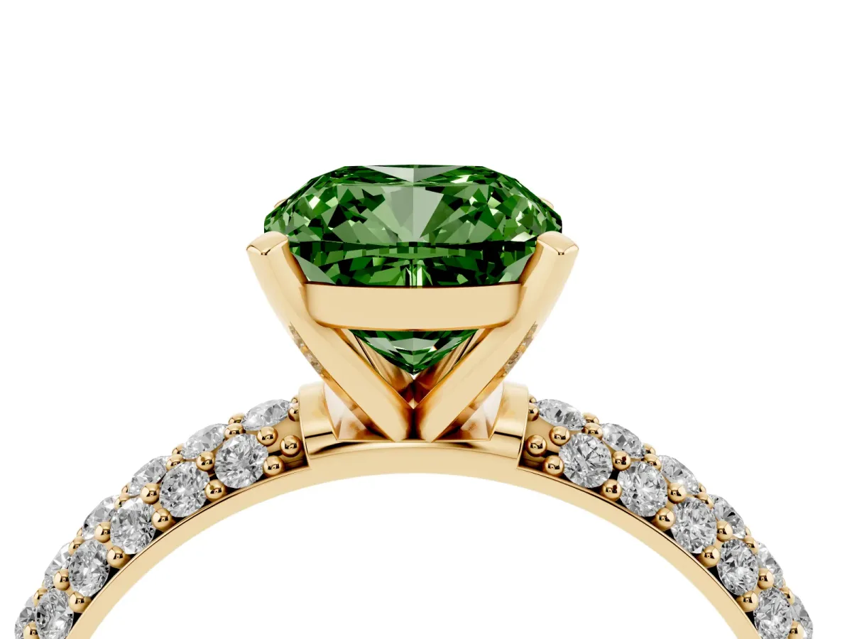 Fancy Green Cushion Cut Diamond Solitaire Ring with Prong Setting and Pavé Band Yellow gold
