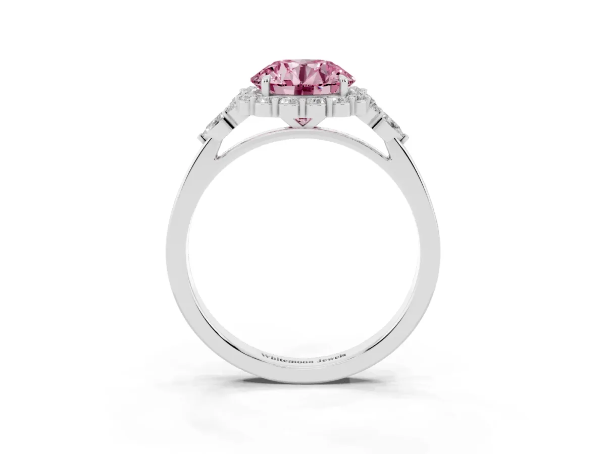 Fancy Pink Round Cut Diamond Halo Ring with Pear Side Stones and Prong Setting Silver